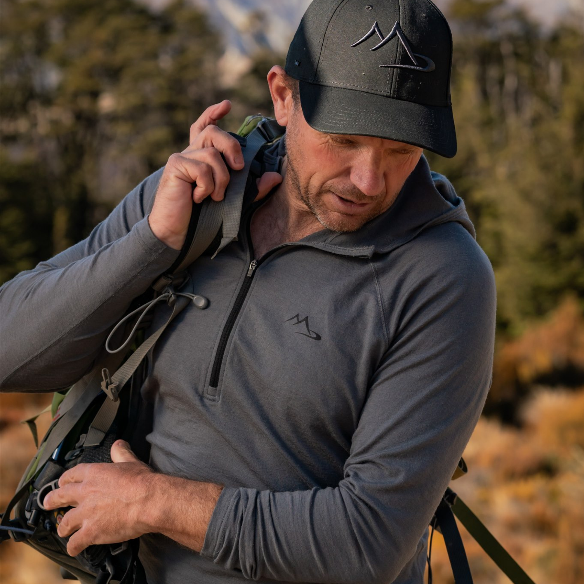 Main Divide Apparel men’s merino-style pullover and cap worn on NZ hiking trip