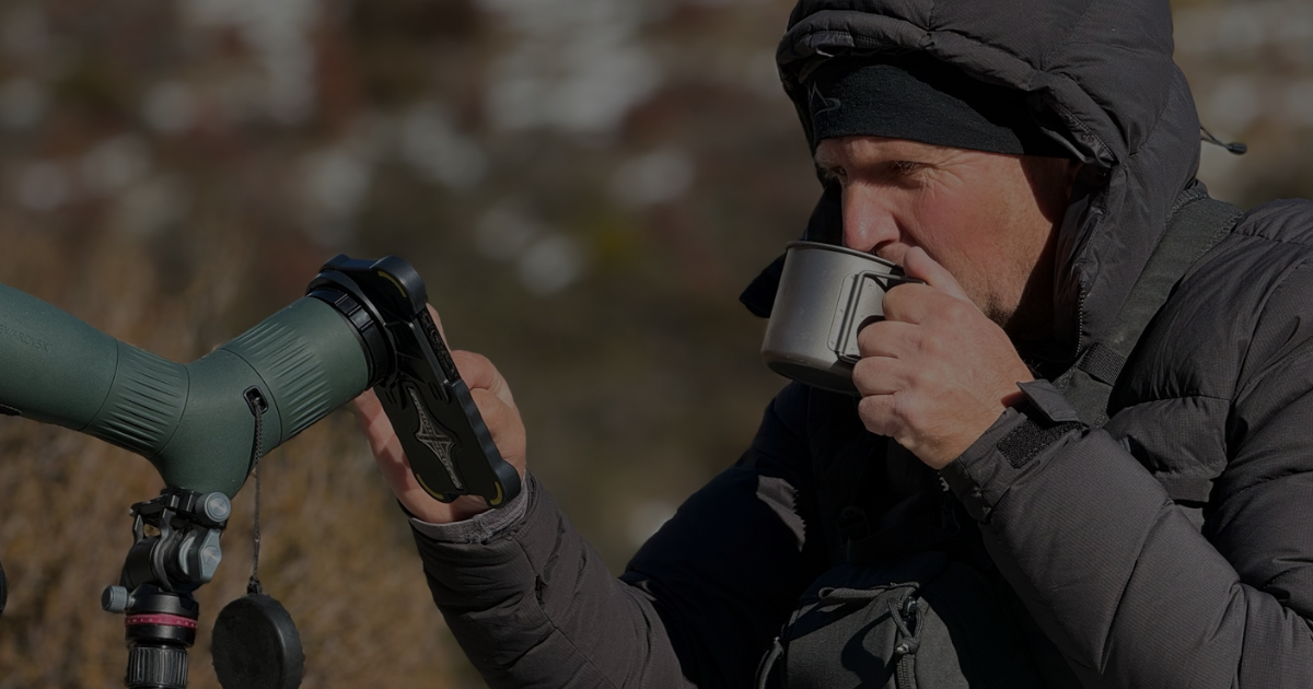 Hunter in Main Divide merino layers glassing a frosty NZ high country ridge in winter" / "Frost on tussock in South Island winter hunting conditions